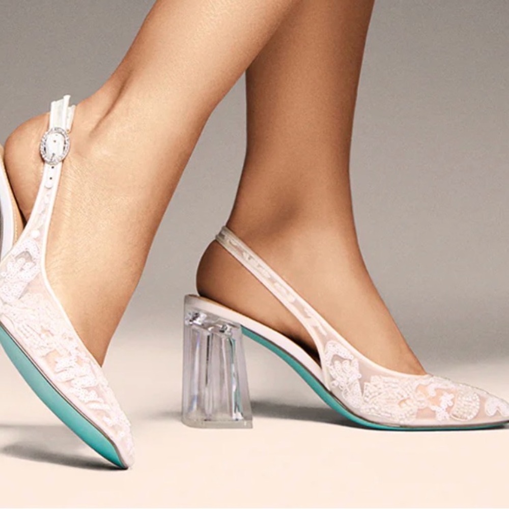 Betsey Johnson White Lace Slingback Heels with Clear Block Heel and Teal Sole